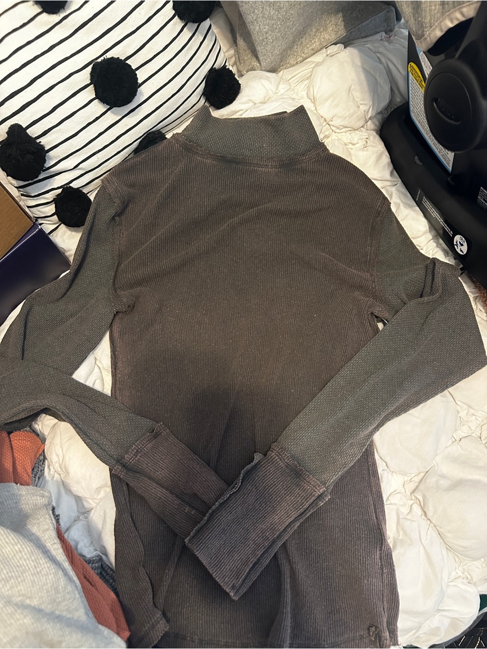 Free People Olive Brown Ribbed Mock Neck Long Sleeve Top